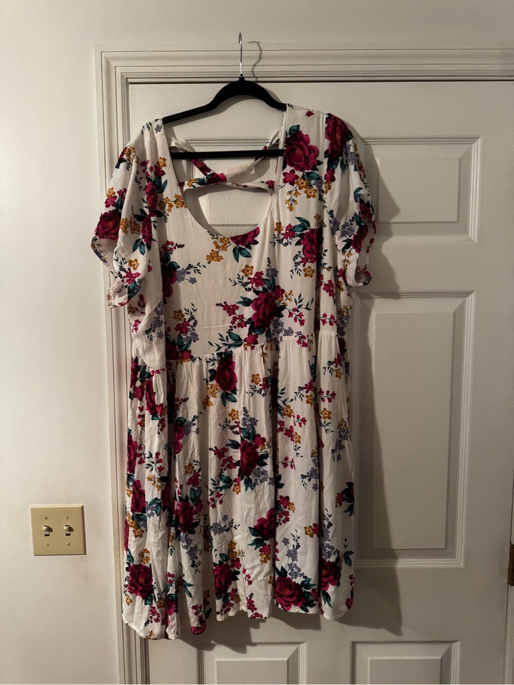 torrid White Midi Dress with Magenta Rose Print and Teal Leaves